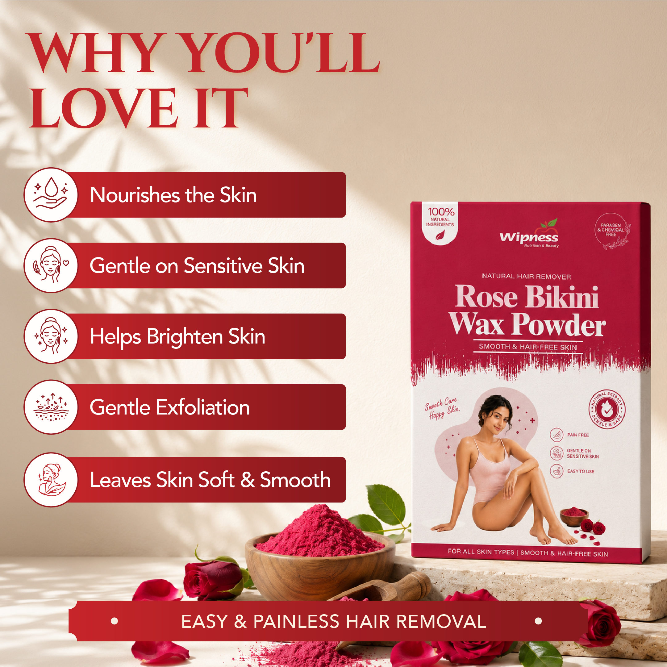 Natural Rose Bikini Wax Powder for Women (100GM)